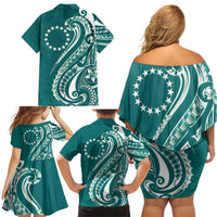 Kia Orana Cook Islands Family Matching Off Shoulder Short Dress and Hawaiian Shirt Teal Plumeria Tropical Waves - Polynesian Pride