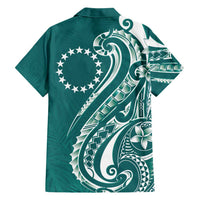 Kia Orana Cook Islands Family Matching Off Shoulder Short Dress and Hawaiian Shirt Teal Plumeria Tropical Waves - Polynesian Pride