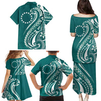 Kia Orana Cook Islands Family Matching Puletasi and Hawaiian Shirt Teal Plumeria Tropical Waves - Polynesian Pride