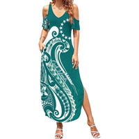 Kia Orana Cook Islands Family Matching Summer Maxi Dress and Hawaiian Shirt Teal Plumeria Tropical Waves - Polynesian Pride