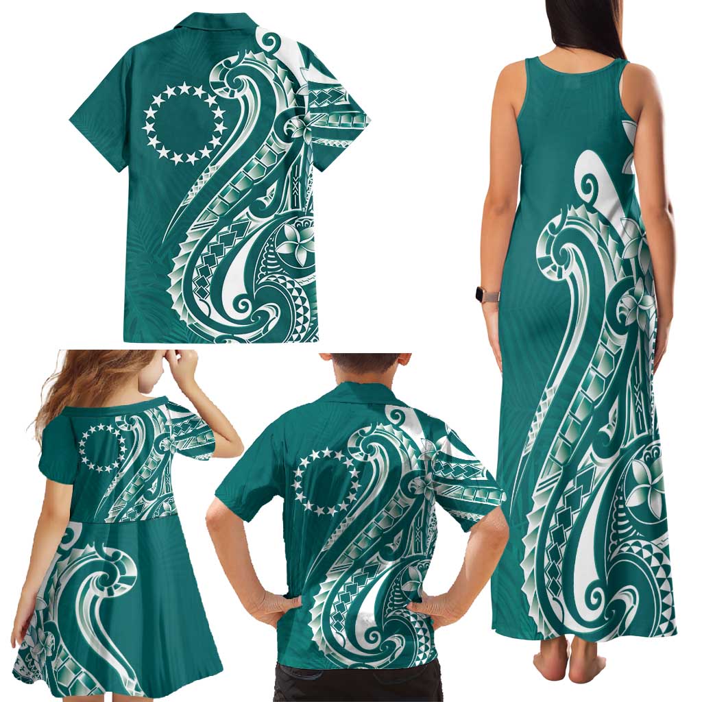 Kia Orana Cook Islands Family Matching Tank Maxi Dress and Hawaiian Shirt Teal Plumeria Tropical Waves - Polynesian Pride