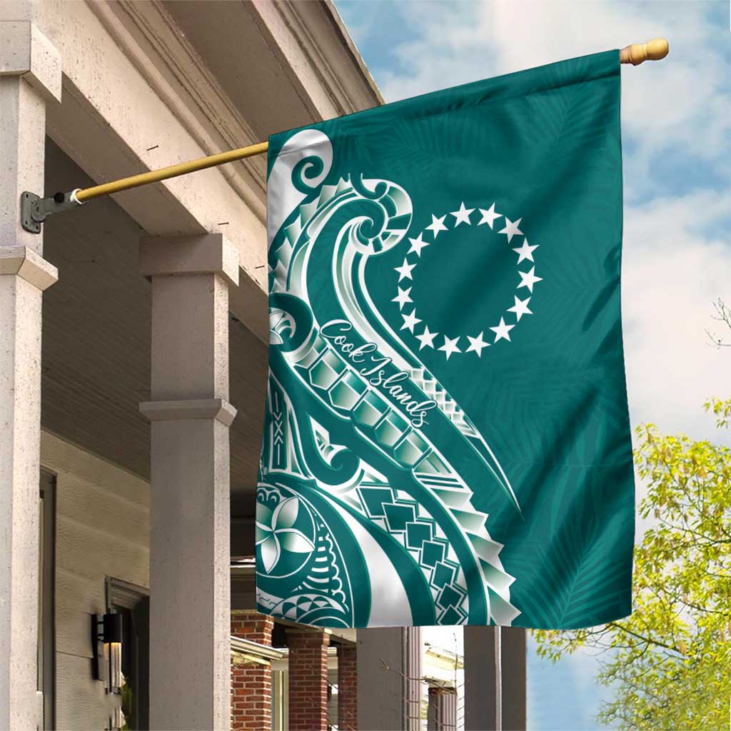 Kia Orana Cook Islands Garden Flag Teal Plumeria Tropical Waves - Polynesian Pride