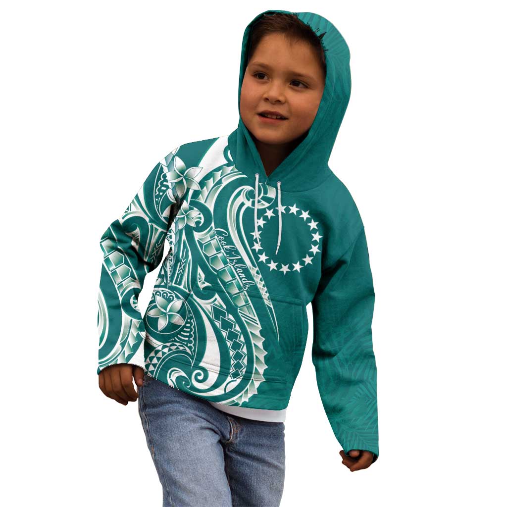 Kia Orana Cook Islands Kid Hoodie Teal Plumeria Tropical Waves - Polynesian Pride