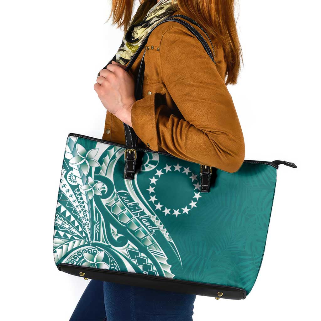 Kia Orana Cook Islands Leather Tote Bag Teal Plumeria Tropical Waves - Polynesian Pride