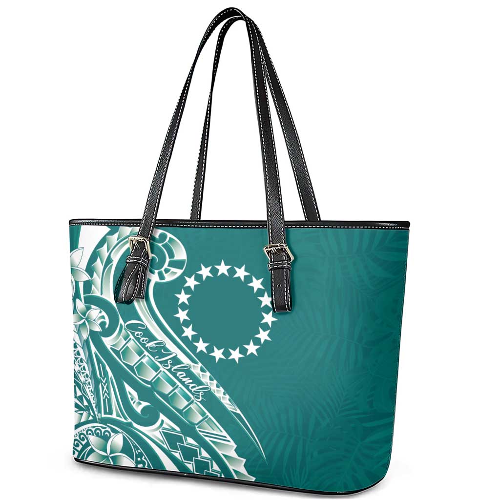 Kia Orana Cook Islands Leather Tote Bag Teal Plumeria Tropical Waves - Polynesian Pride