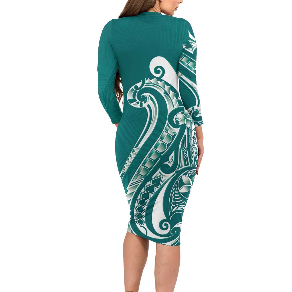 Kia Orana Cook Islands Long Sleeve Bodycon Dress Teal Plumeria Tropical Waves - Polynesian Pride