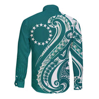 Kia Orana Cook Islands Long Sleeve Button Shirt Teal Plumeria Tropical Waves - Polynesian Pride