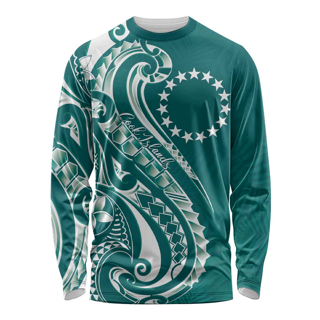 Kia Orana Cook Islands Long Sleeve Shirt Teal Plumeria Tropical Waves - Polynesian Pride