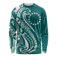 Kia Orana Cook Islands Long Sleeve Shirt Teal Plumeria Tropical Waves - Polynesian Pride