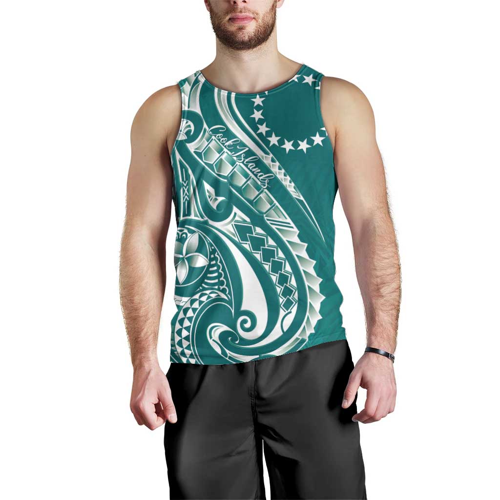Kia Orana Cook Islands Men Tank Top Teal Plumeria Tropical Waves - Polynesian Pride