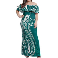 Kia Orana Cook Islands Off Shoulder Maxi Dress Teal Plumeria Tropical Waves - Polynesian Pride