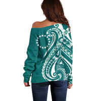 Kia Orana Cook Islands Off Shoulder Sweater Teal Plumeria Tropical Waves - Polynesian Pride