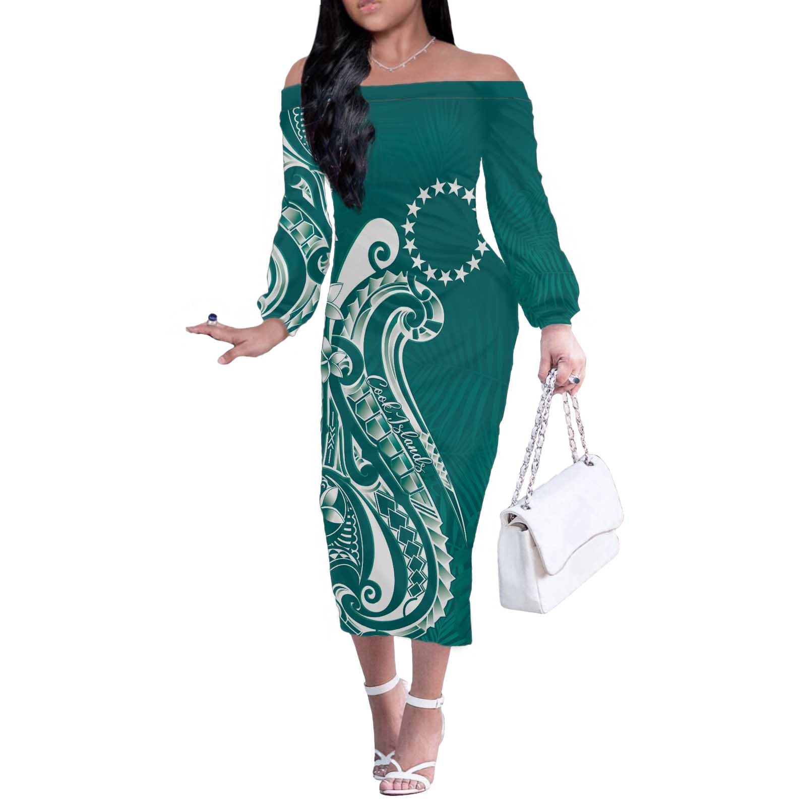 Kia Orana Cook Islands Off The Shoulder Long Sleeve Dress Teal Plumeria Tropical Waves - Polynesian Pride