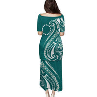 Kia Orana Cook Islands Puletasi Teal Plumeria Tropical Waves - Polynesian Pride