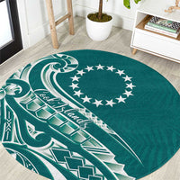 Kia Orana Cook Islands Round Carpet Teal Plumeria Tropical Waves - Polynesian Pride