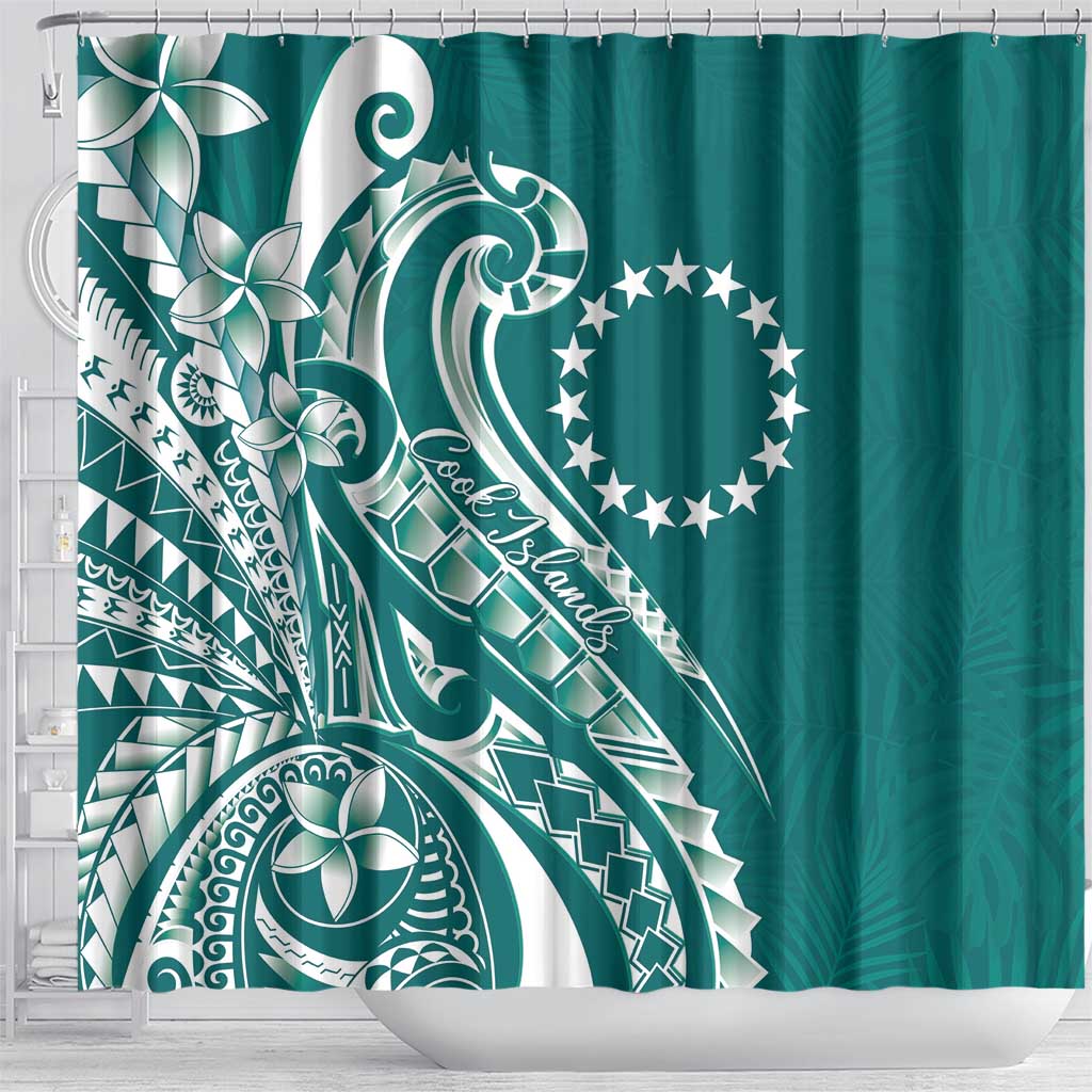 Kia Orana Cook Islands Shower Curtain Teal Plumeria Tropical Waves - Polynesian Pride