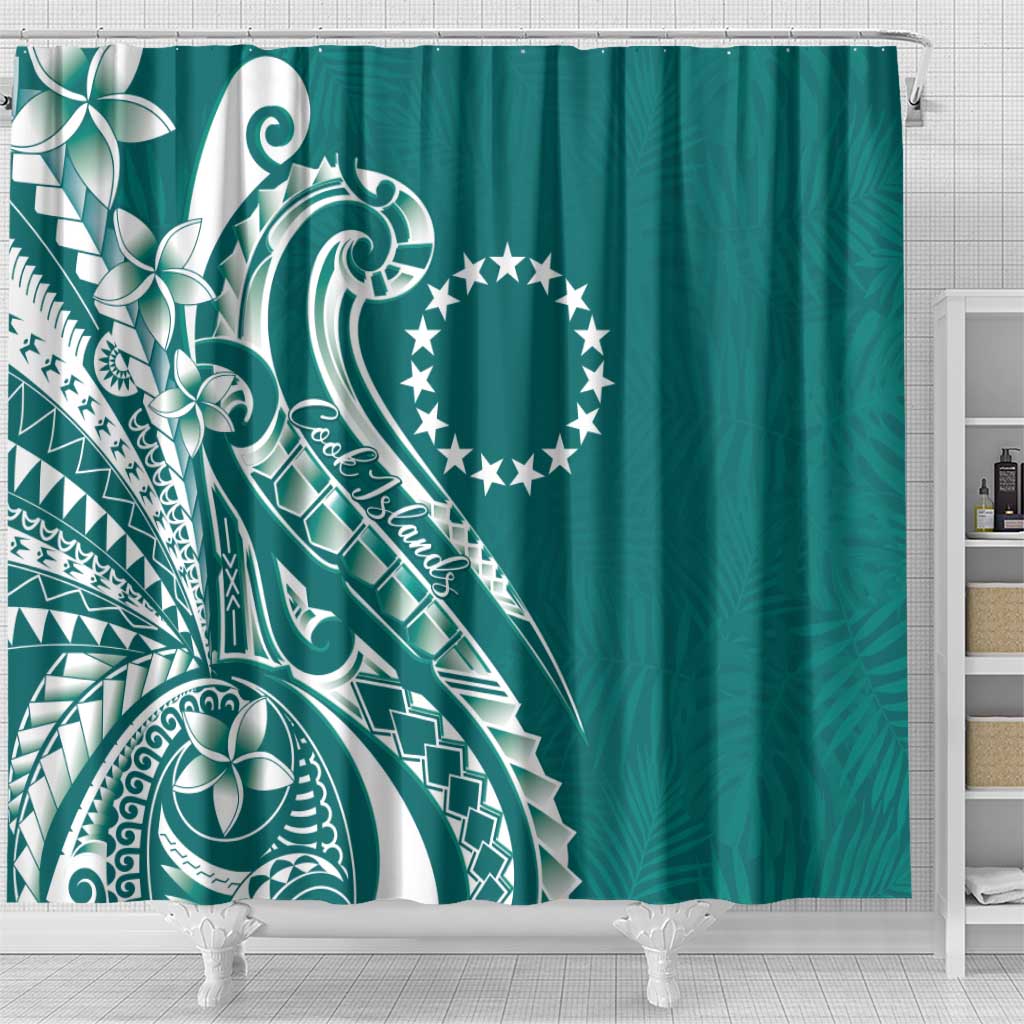 Kia Orana Cook Islands Shower Curtain Teal Plumeria Tropical Waves - Polynesian Pride