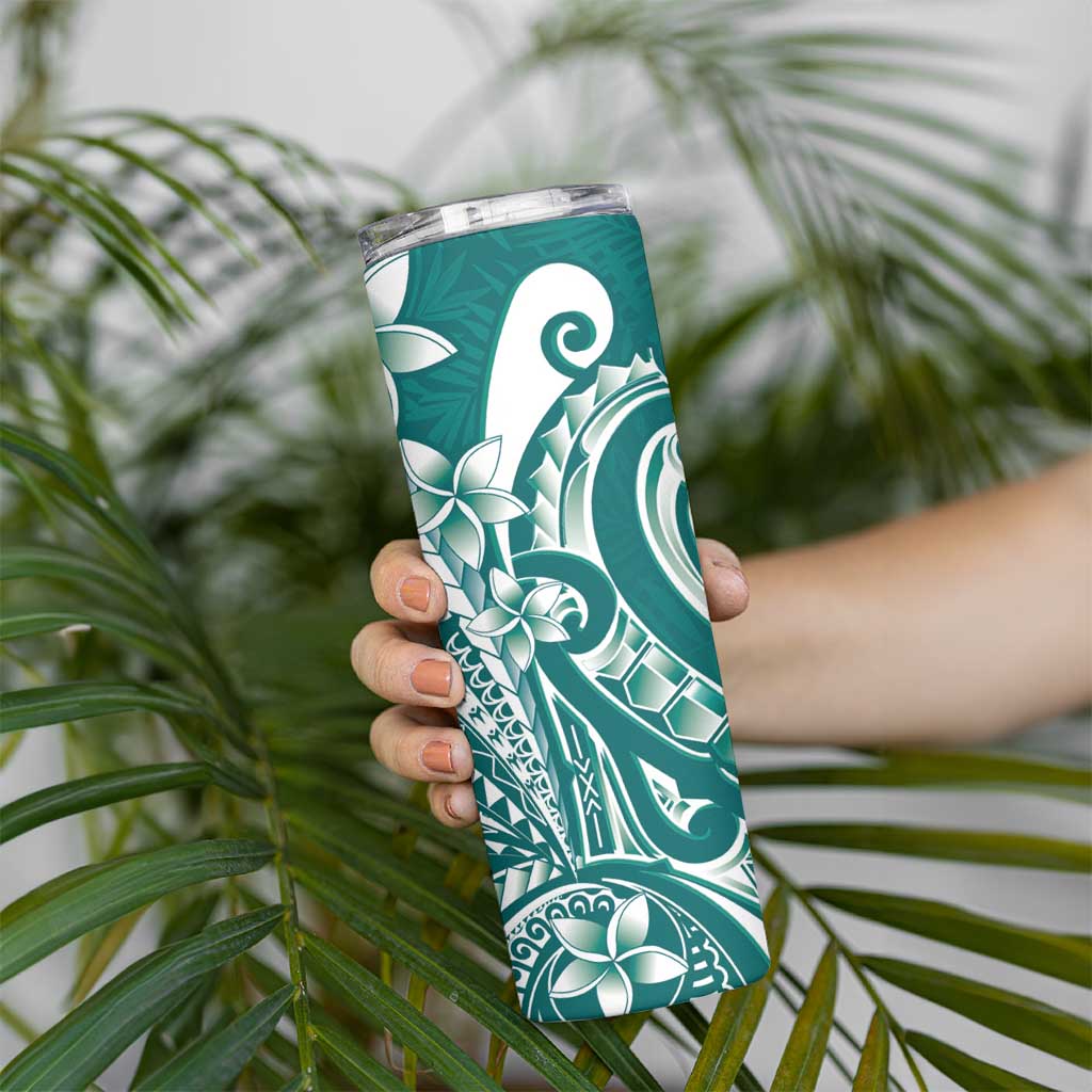 Kia Orana Cook Islands Skinny Tumbler Teal Plumeria Tropical Waves - Polynesian Pride