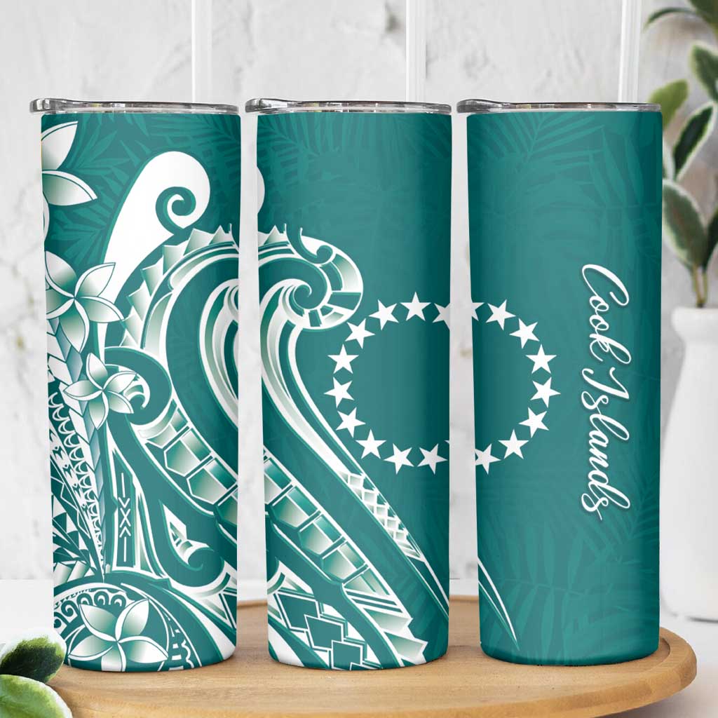 Kia Orana Cook Islands Skinny Tumbler Teal Plumeria Tropical Waves - Polynesian Pride