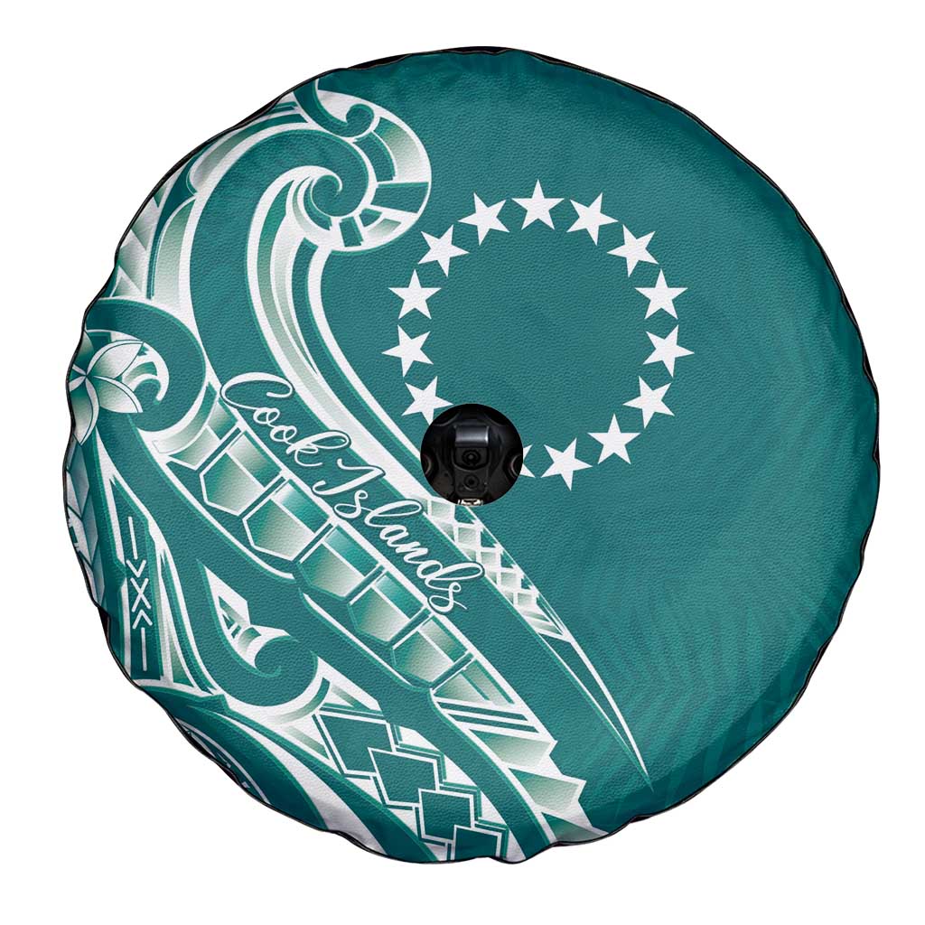Kia Orana Cook Islands Spare Tire Cover Teal Plumeria Tropical Waves - Polynesian Pride