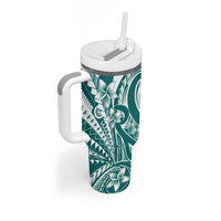 Kia Orana Cook Islands Tumbler With Handle Teal Plumeria Tropical Waves - Polynesian Pride