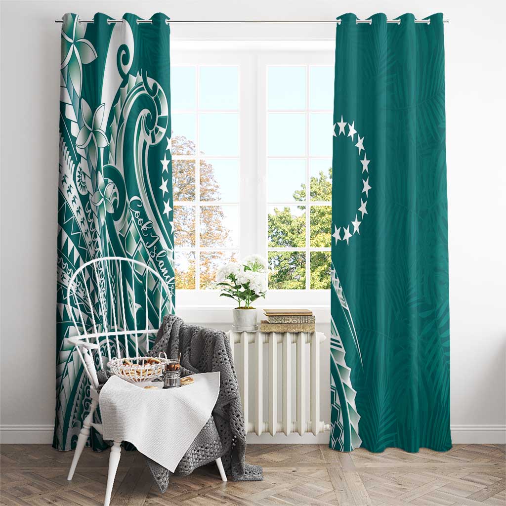 Kia Orana Cook Islands Window Curtain Teal Plumeria Tropical Waves - Polynesian Pride