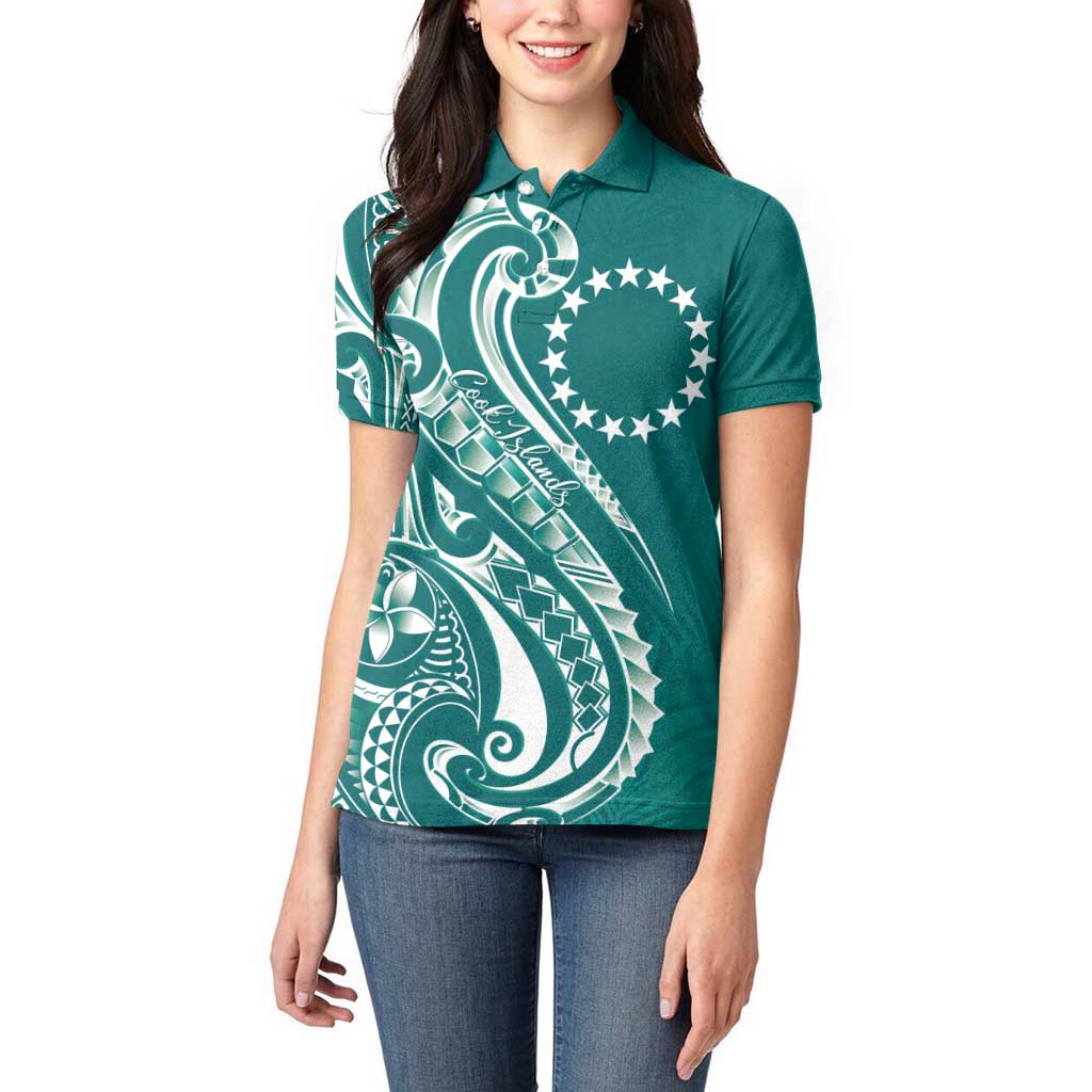 Kia Orana Cook Islands Women Polo Shirt Teal Plumeria Tropical Waves - Polynesian Pride