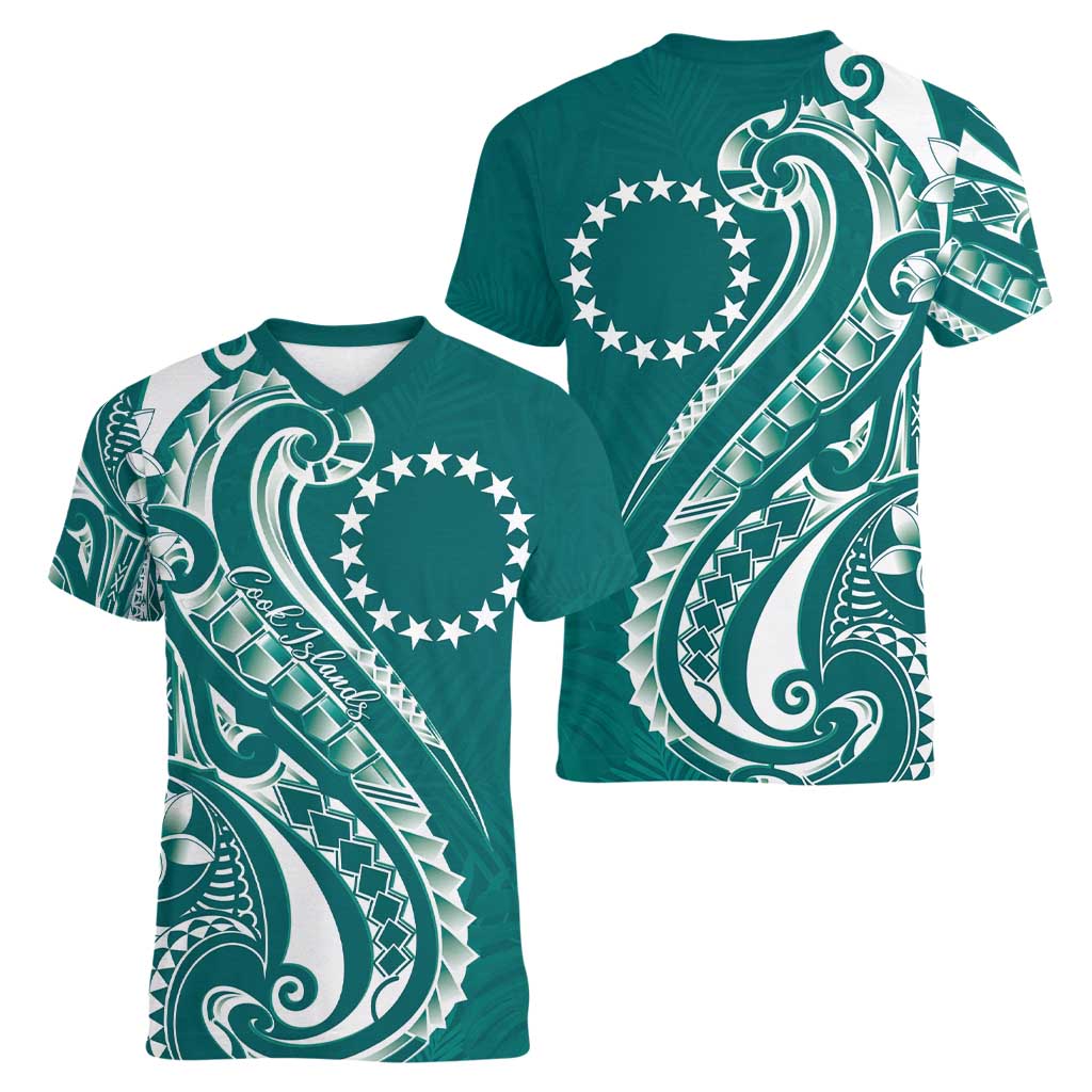 Kia Orana Cook Islands Women V-Neck T-Shirt Teal Plumeria Tropical Waves - Polynesian Pride