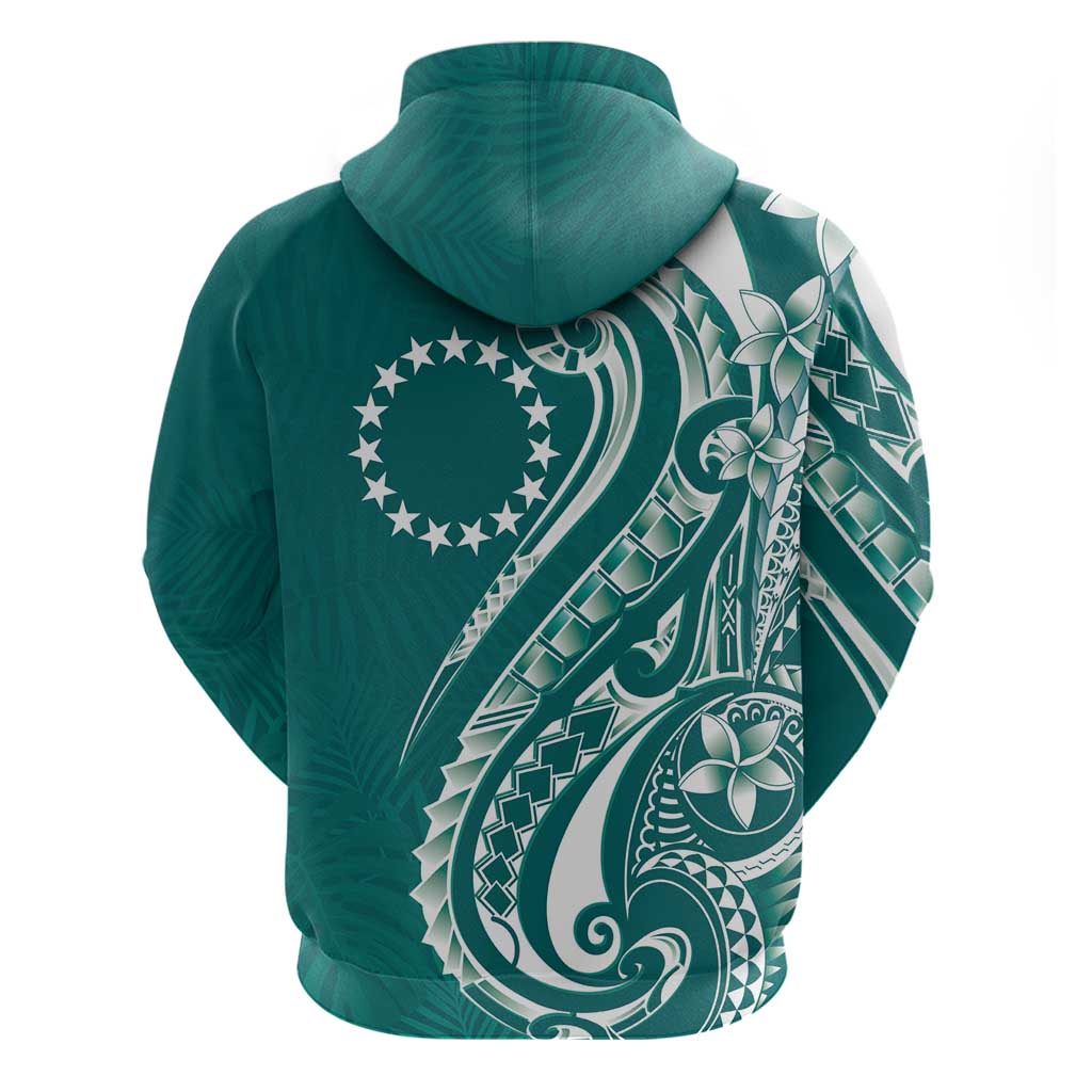Kia Orana Cook Islands Zip Hoodie Teal Plumeria Tropical Waves - Polynesian Pride