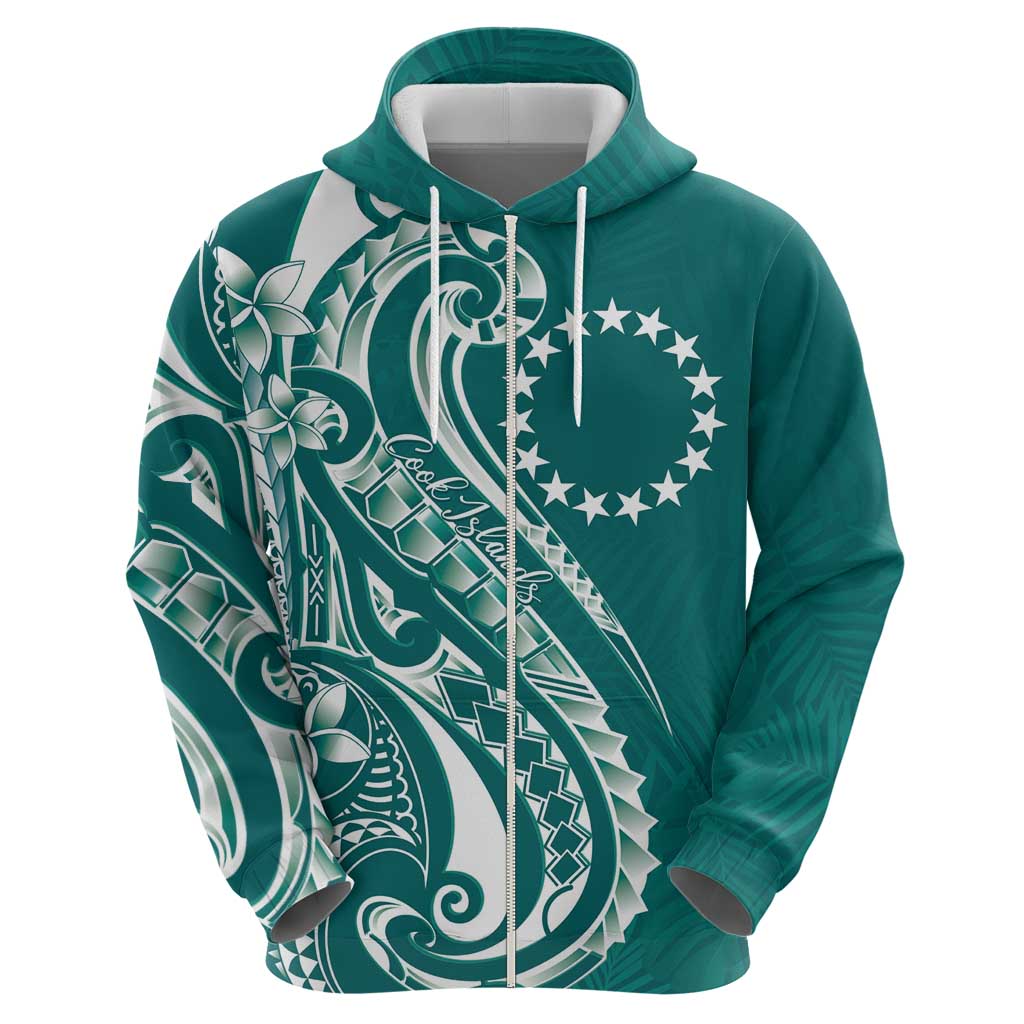 Kia Orana Cook Islands Zip Hoodie Teal Plumeria Tropical Waves - Polynesian Pride