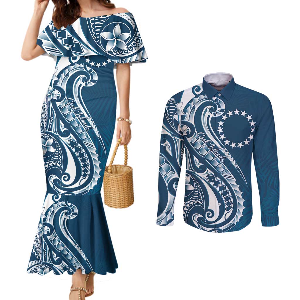 Kia Orana Cook Islands Couples Matching Mermaid Dress and Long Sleeve Button Shirt Auika Plumeria Tropical Waves - Polynesian Pride