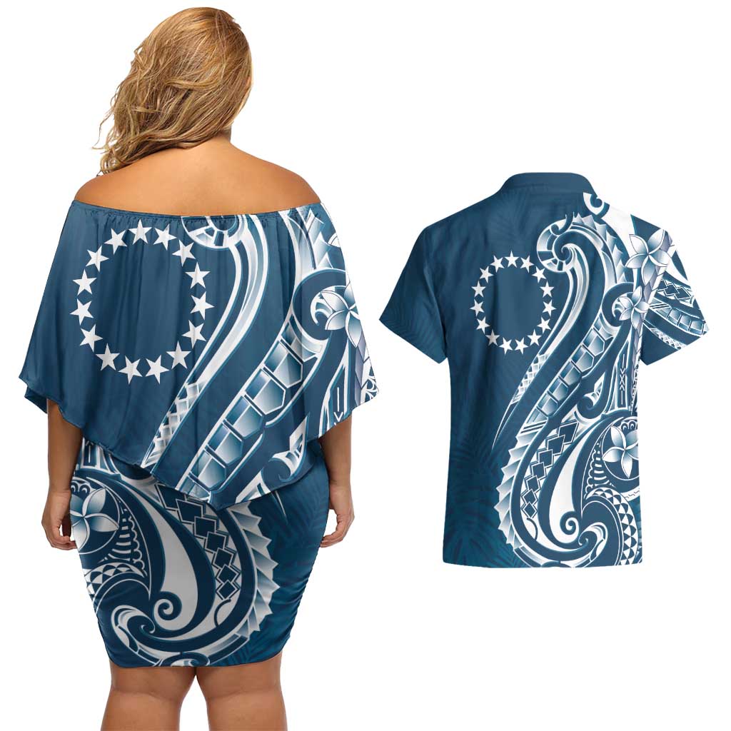 Kia Orana Cook Islands Couples Matching Off Shoulder Short Dress and Hawaiian Shirt Auika Plumeria Tropical Waves - Polynesian Pride