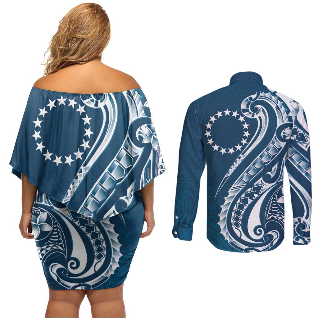 Kia Orana Cook Islands Couples Matching Off Shoulder Short Dress and Long Sleeve Button Shirt Auika Plumeria Tropical Waves - Polynesian Pride