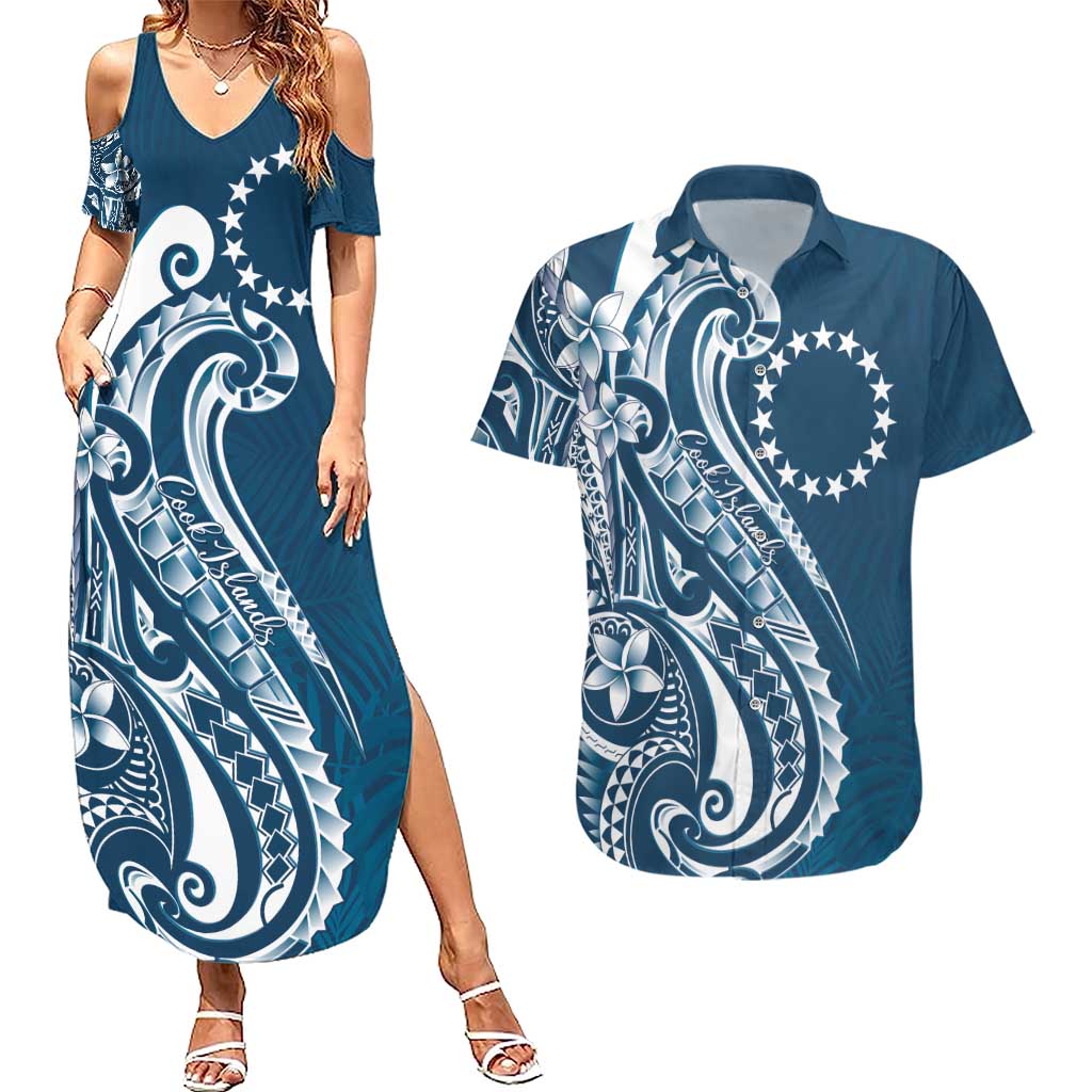 Kia Orana Cook Islands Couples Matching Summer Maxi Dress and Hawaiian Shirt Auika Plumeria Tropical Waves - Polynesian Pride