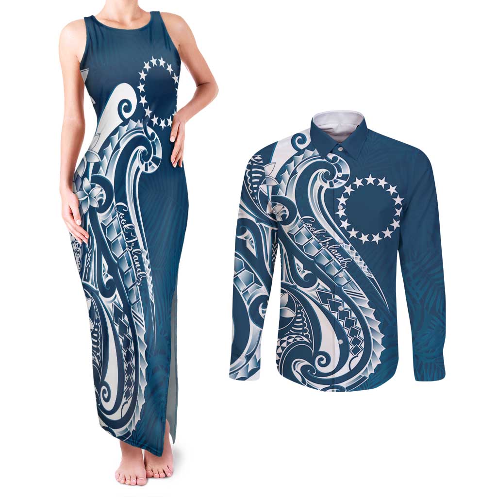 Kia Orana Cook Islands Couples Matching Tank Maxi Dress and Long Sleeve Button Shirt Auika Plumeria Tropical Waves - Polynesian Pride