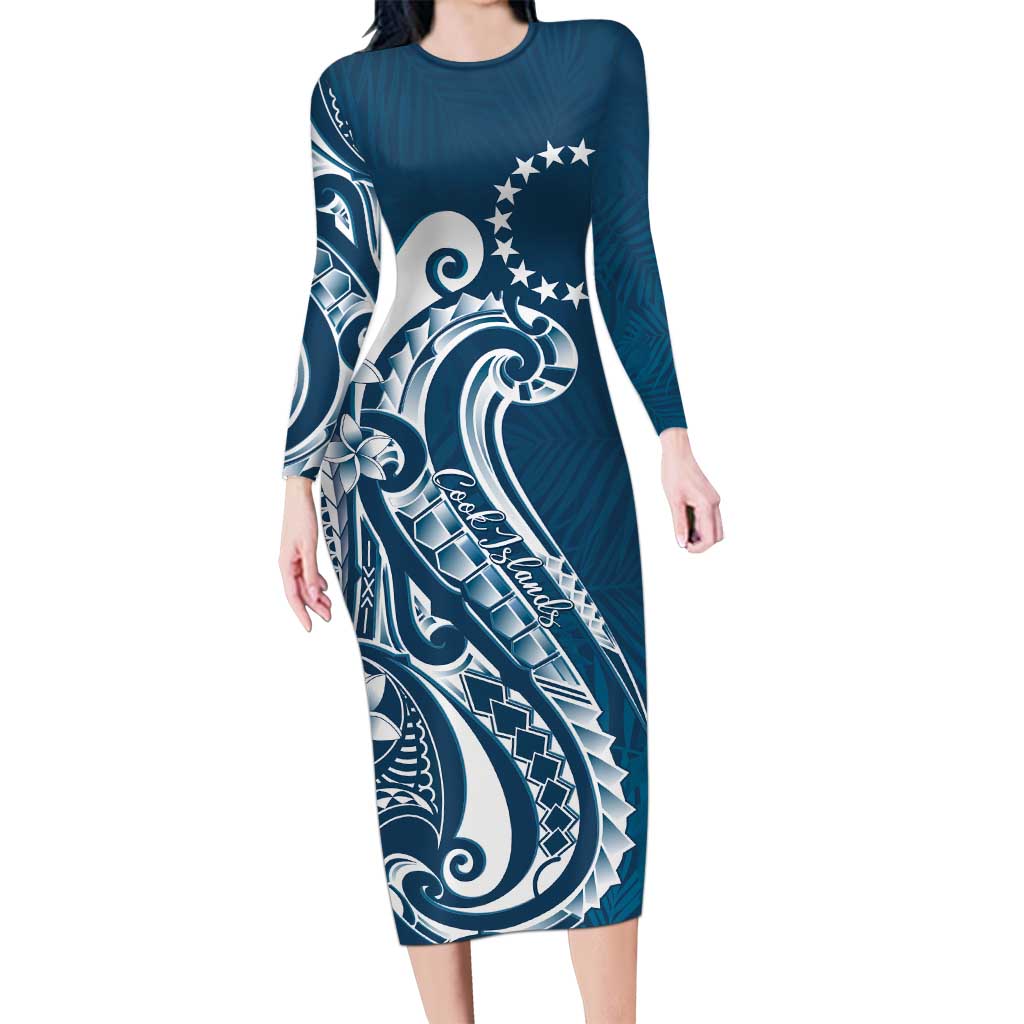 Kia Orana Cook Islands Long Sleeve Bodycon Dress Auika Plumeria Tropical Waves - Polynesian Pride