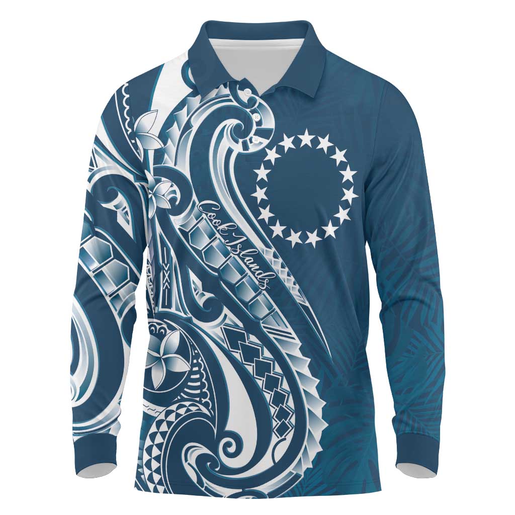Kia Orana Cook Islands Long Sleeve Polo Shirt Auika Plumeria Tropical Waves - Polynesian Pride