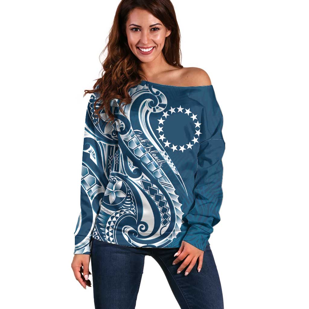 Kia Orana Cook Islands Off Shoulder Sweater Auika Plumeria Tropical Waves - Polynesian Pride
