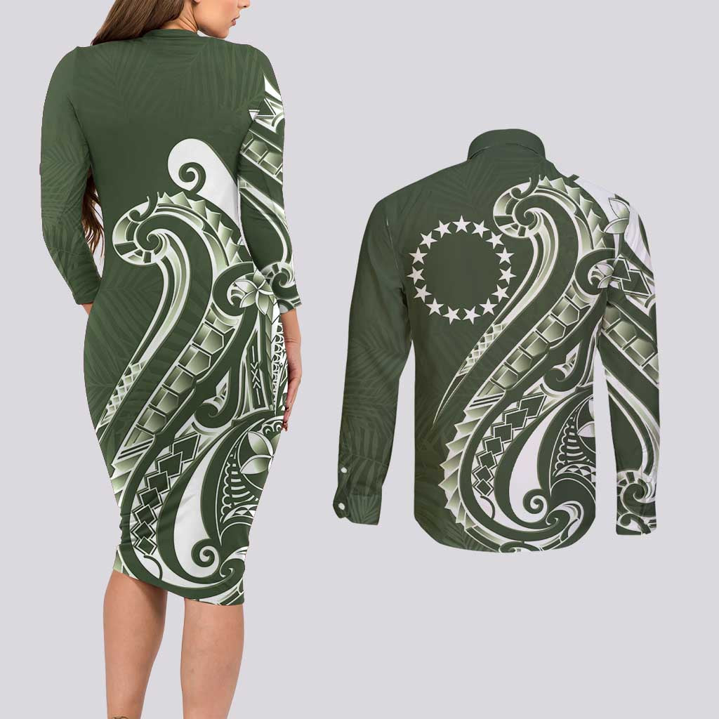 Kia Orana Cook Islands Couples Matching Long Sleeve Bodycon Dress and Long Sleeve Button Shirt Matie Plumeria Tropical Waves - Polynesian Pride