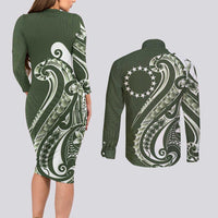 Kia Orana Cook Islands Couples Matching Long Sleeve Bodycon Dress and Long Sleeve Button Shirt Matie Plumeria Tropical Waves - Polynesian Pride