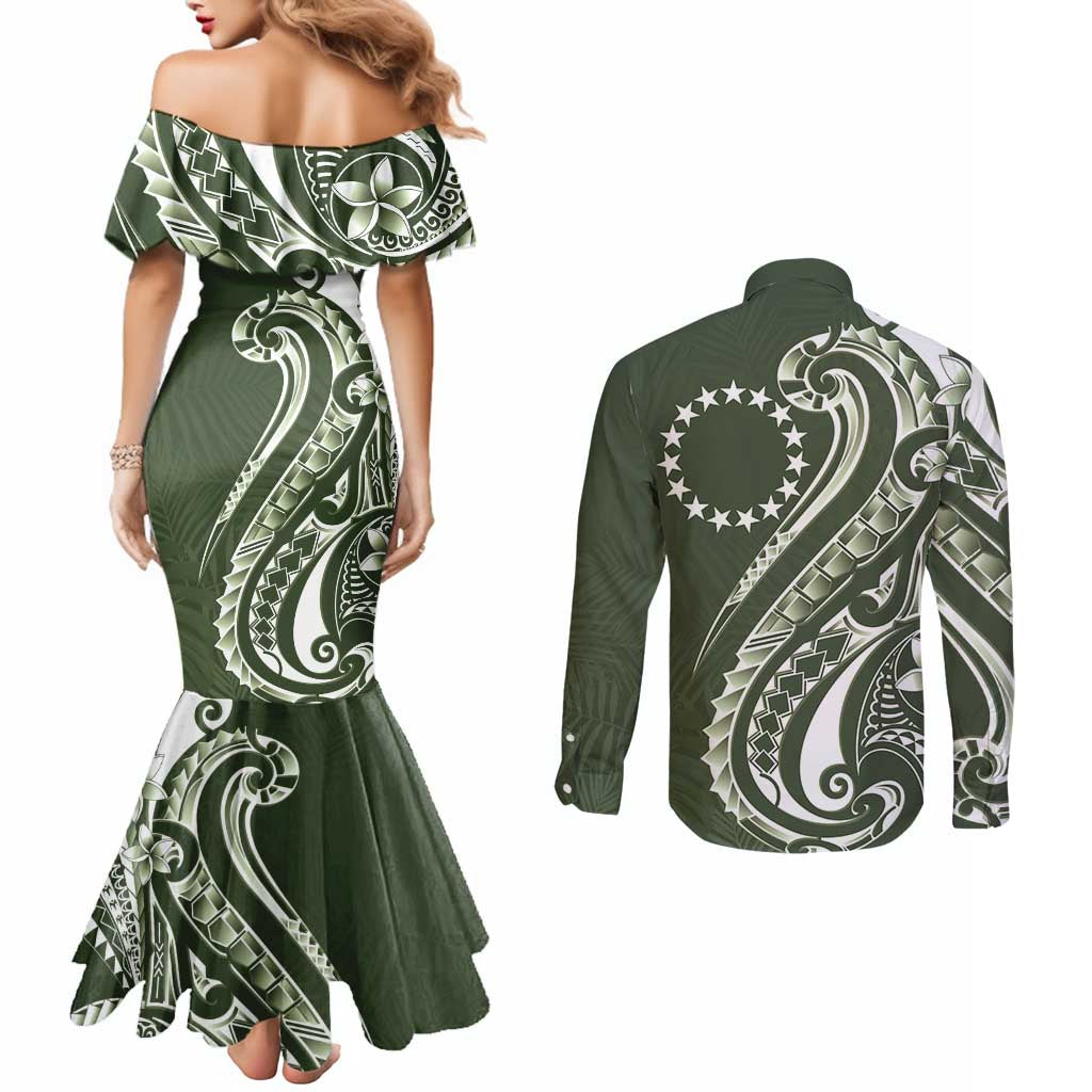 Kia Orana Cook Islands Couples Matching Mermaid Dress and Long Sleeve Button Shirt Matie Plumeria Tropical Waves - Polynesian Pride