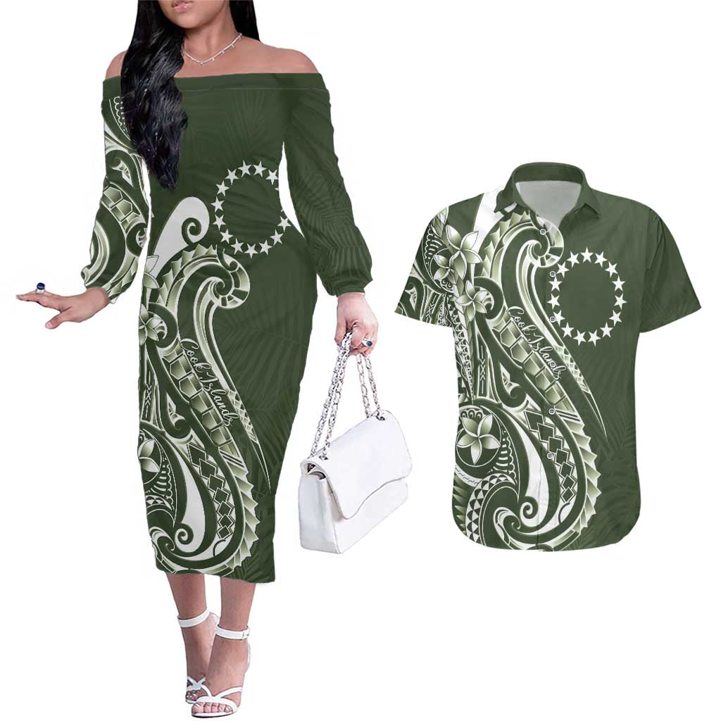 Kia Orana Cook Islands Couples Matching Off The Shoulder Long Sleeve Dress and Hawaiian Shirt Matie Plumeria Tropical Waves - Polynesian Pride