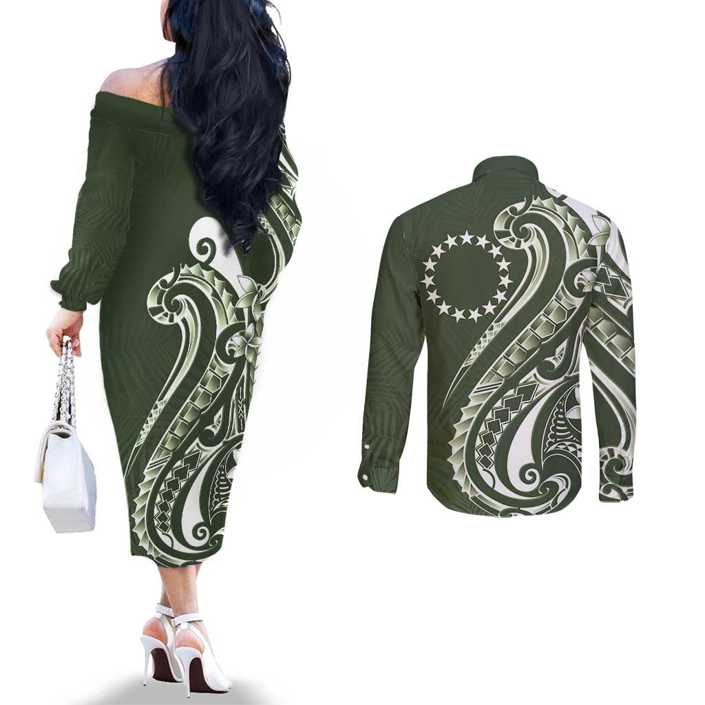 Kia Orana Cook Islands Couples Matching Off The Shoulder Long Sleeve Dress and Long Sleeve Button Shirt Matie Plumeria Tropical Waves - Polynesian Pride