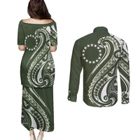 Kia Orana Cook Islands Couples Matching Puletasi and Long Sleeve Button Shirt Matie Plumeria Tropical Waves - Polynesian Pride