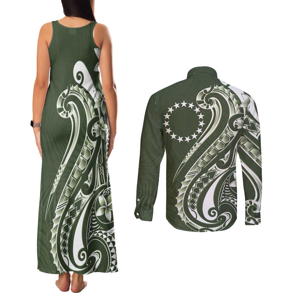 Kia Orana Cook Islands Couples Matching Tank Maxi Dress and Long Sleeve Button Shirt Matie Plumeria Tropical Waves - Polynesian Pride
