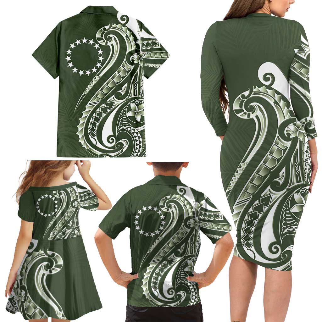 Kia Orana Cook Islands Family Matching Long Sleeve Bodycon Dress and Hawaiian Shirt Matie Plumeria Tropical Waves - Polynesian Pride