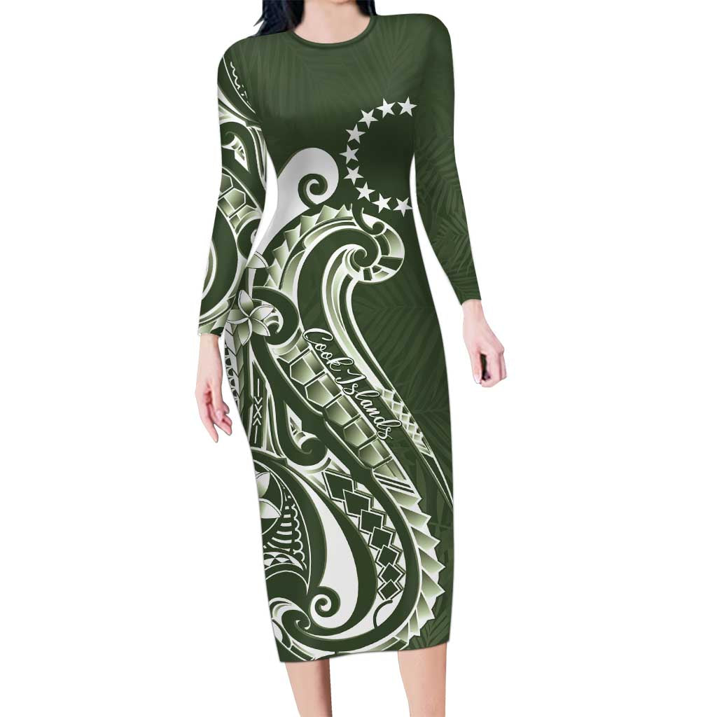 Kia Orana Cook Islands Long Sleeve Bodycon Dress Matie Plumeria Tropical Waves - Polynesian Pride