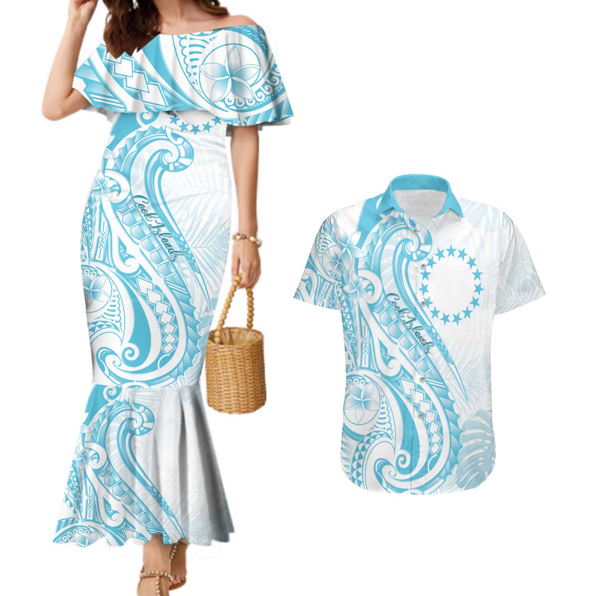 Kia Orana Cook Islands Couples Matching Mermaid Dress and Hawaiian Shirt Moana Plumeria Tropical Waves - Polynesian Pride