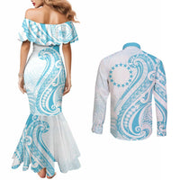 Kia Orana Cook Islands Couples Matching Mermaid Dress and Long Sleeve Button Shirt Moana Plumeria Tropical Waves - Polynesian Pride