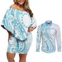 Kia Orana Cook Islands Couples Matching Off Shoulder Short Dress and Long Sleeve Button Shirt Moana Plumeria Tropical Waves - Polynesian Pride
